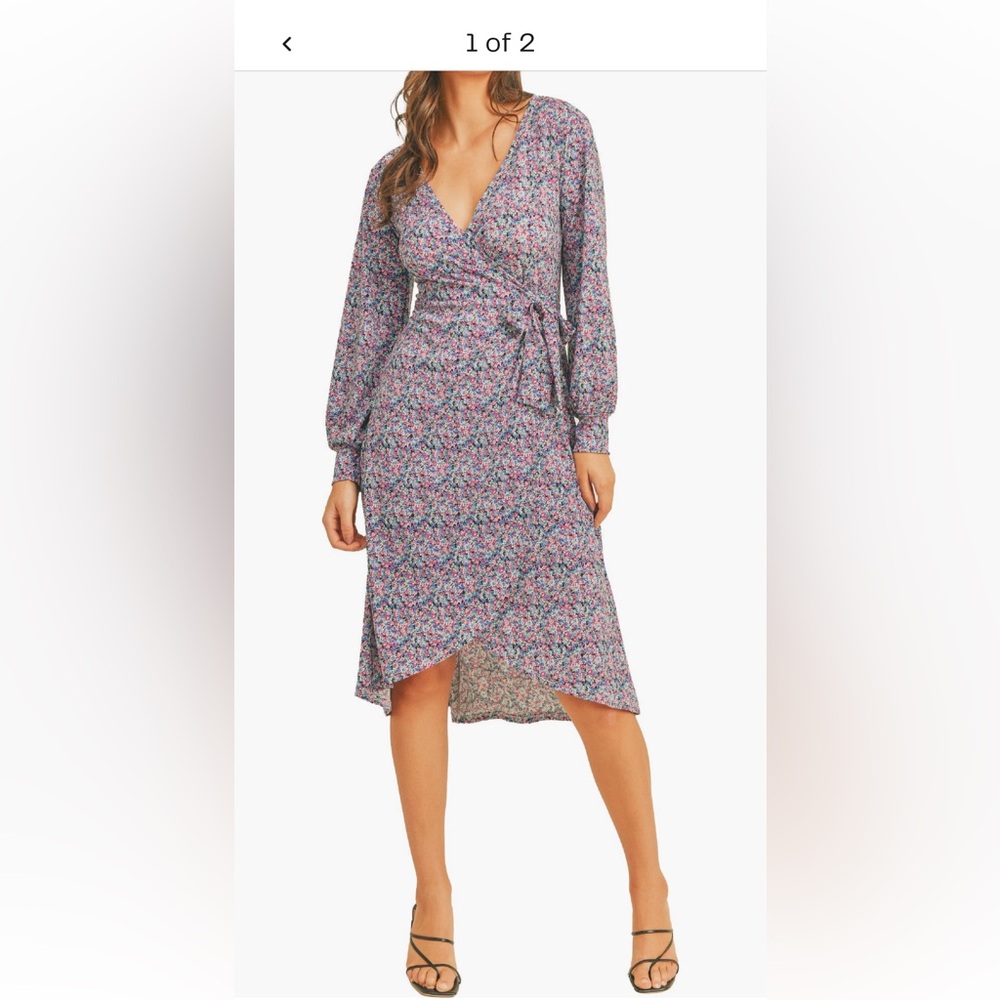 Lush Floral Wrap Midi Dress in Blue and Pink